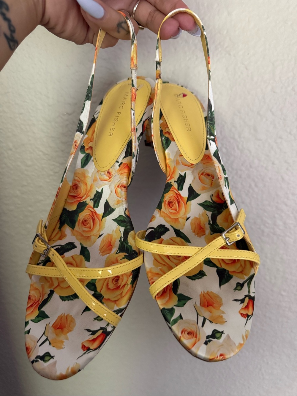 Marc Fisher Yellow Rose Print Slingback Sandals